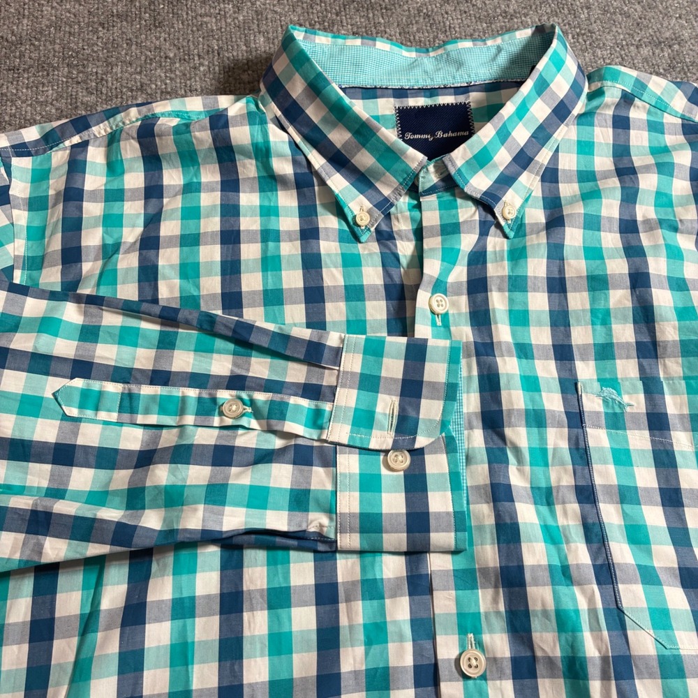 Tommy Bahama Gingham Shirt Mens XXL Teal Blue Pima Cotton Long Sleeve
